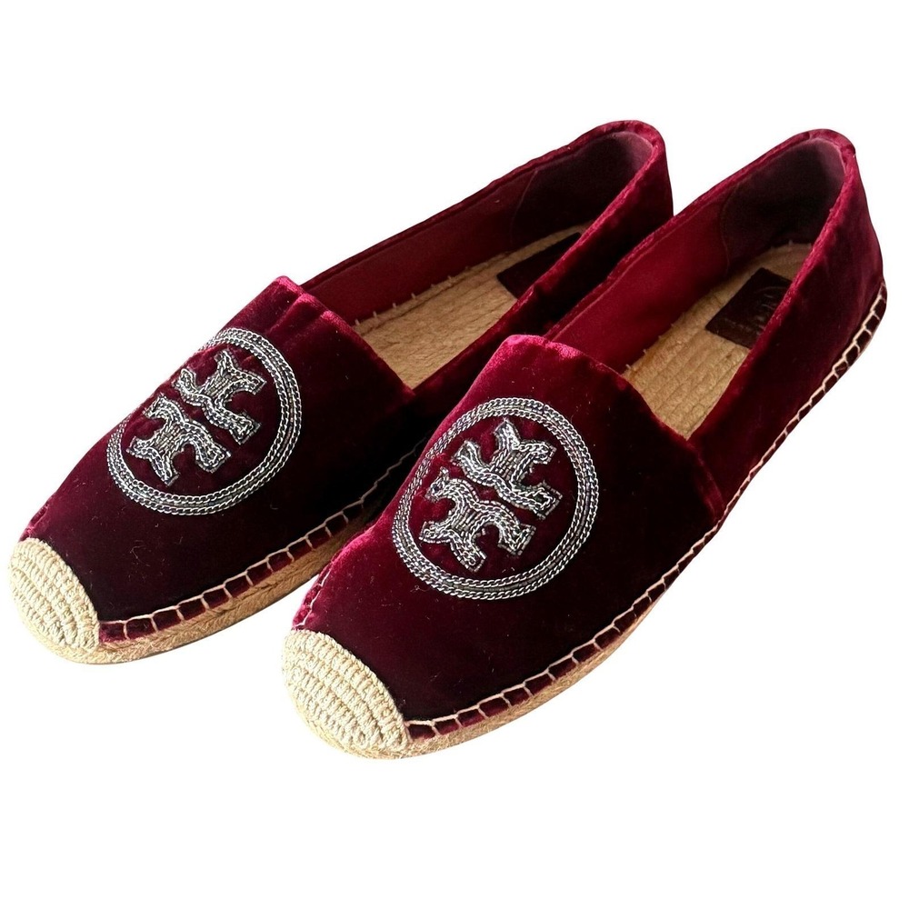 Tory Burch Poppy Metallic Logo Velvet Espadrilles Burgundy Wine 10.5M 5585